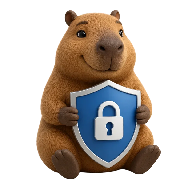 Nubi, the Nubiux capybara mascot, holding a security shield